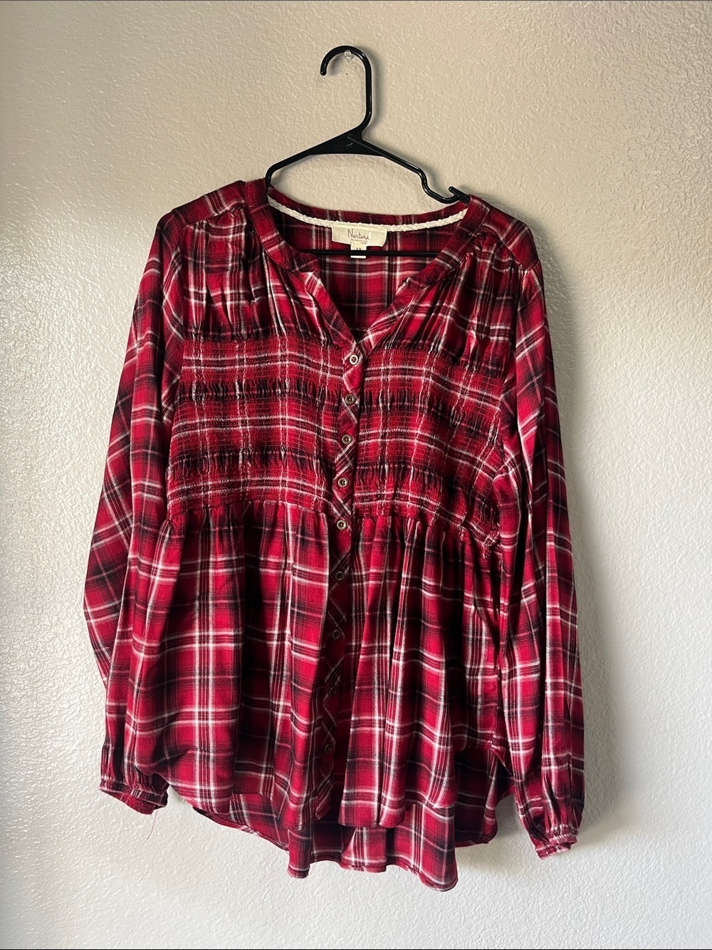 Westbound Red Black Plaid Smocked Button-Down Blouse Sz 1X Casual Summer TC0159